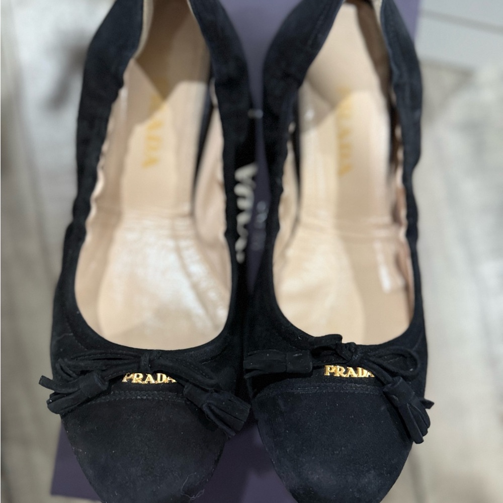 Prada Women's Black Suede Loafers with Bow